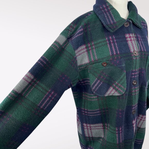 Basic Editions Plaid Fleece Button Up Shirt Jacket Green Purple Blue Large - Picture 7 of 9